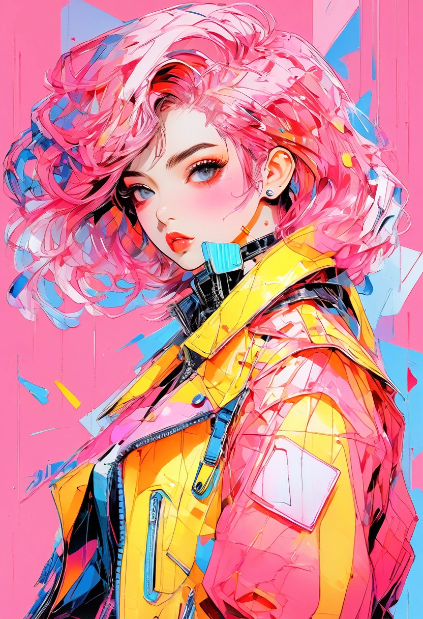 (masterpiece, Highest quality:1.4), 1 person, solo, Anime Style, colorful students, Blurred vision, Eat a popsicle, Pink lower lip, Cyberpunk makeup, Silver asymmetrical short hair, Asymmetrical short hairstyles, Long bangs on one side, Color Highlights, Black off-the-shoulder leather jacket, Pure Yellow Background.