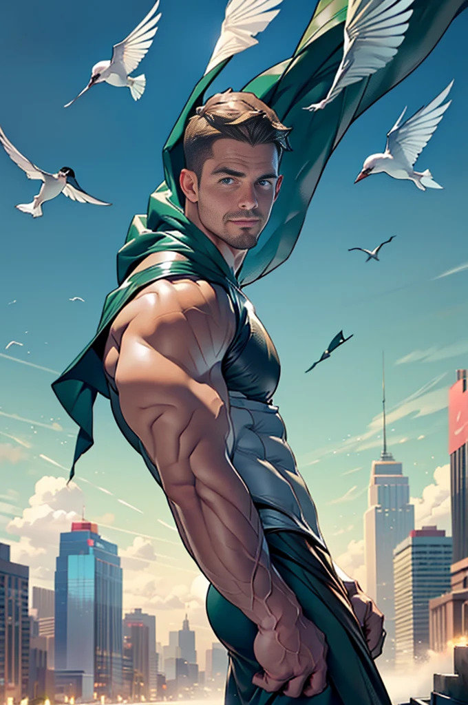dark blue background,white mist,A handsome tall man (((Stephen AMELL))) floating in the ht,He is 2,Thin waistwith a bulge,The pectoral muscles are well developed, He is 175cm tall,Weight 72 kg、blue-green eyes、brown hair color、short hair、Toplesuscle,The body is slightly covered with transparent dark green gauze,You can see the body underneath, Countless birds flying in the sky,underwear,Black feather,looking TO THE VIEWER,smiling ,