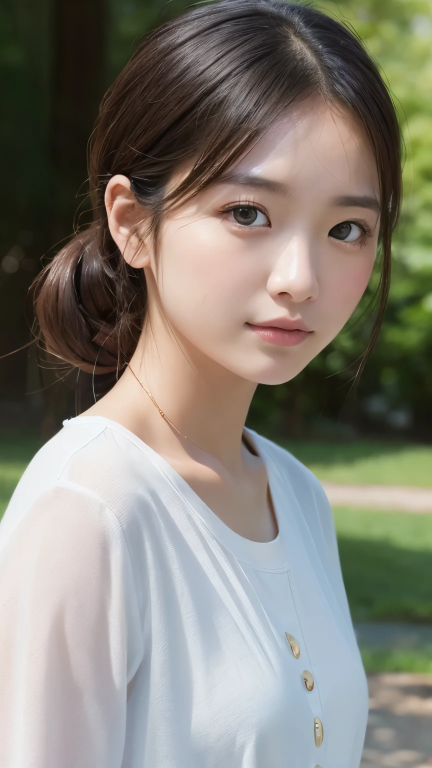 Portraiture、masterpiece:1.3、one person's、Baby Face、Natural look、very cute、Brown Hair、Short Bob、Small red earrings、Fuller lips、No makeup、White T-shirt、Focus on the face、最high quality、High resolution、Very detailed、high quality、Detailed explanation、8k、(((Blurred Background、White wall、White Background、White world、Flower illustration、Flower illustrationの壁、壁にFlower illustration、Flower illustrationが描いてある壁、Photo studio:1.5、Cinema Lighting、Professional Photographer)))