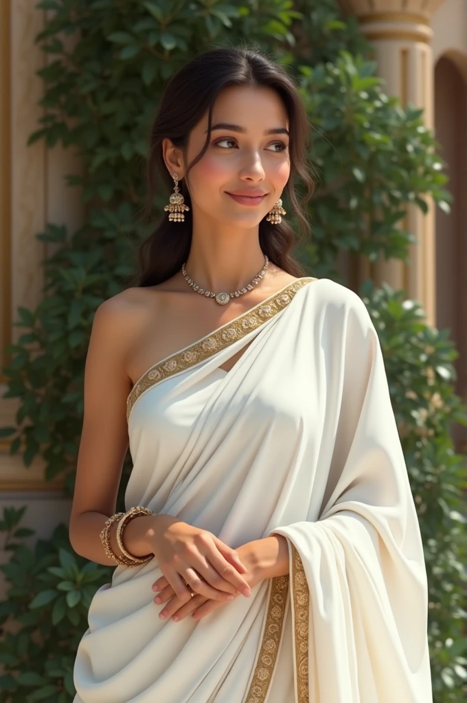 Indian women wear in white saree in royal model in smile face