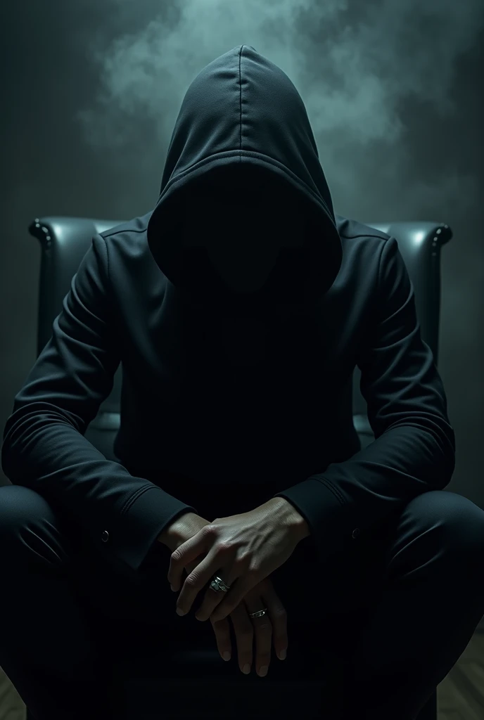 A profile picture of a dark modern hooded man in a chair with a dark aura and face shrouded in darkness facing the camera, leaning over