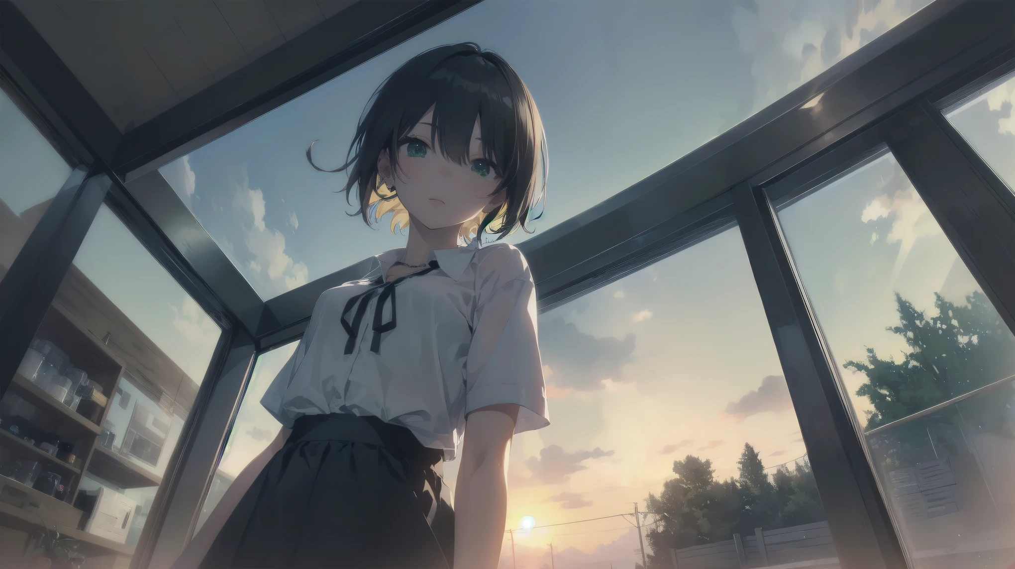 Highest quality, Anime Moe Art Style,Best Anime 8K Konachan Wallpaper,Pixiv Contest Winners,(masterpiece:1.2), (Highest quality:1.2), (1 female), (Hair Tube), (Black Hair), (Bandeau), (Green Eyes), (looking out window), (Sunburn), (short hair)
break
(Cozy izakaya), (window), (that'that'It's raining outside), (moon), (Quiet town)
break
(masterpiece, Highest quality, Very detailed:1.2), (Perfect lighting ), (From below), (Color Splash), (From below), (Erotic sensations), (Written boundary depth) Let me me'Let me'Let's take a look, Dark Skin, necklace, white Bandeau, belt, salon, Braces, anklet