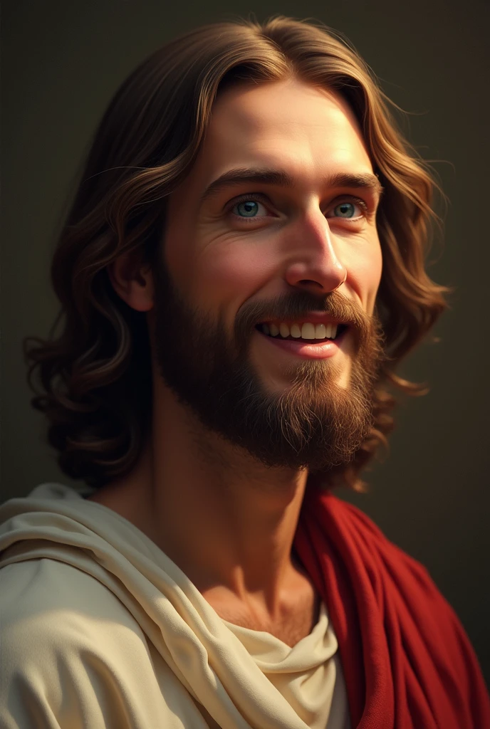 Lord Jesus, half body, Jewish smile, bright blue eyes