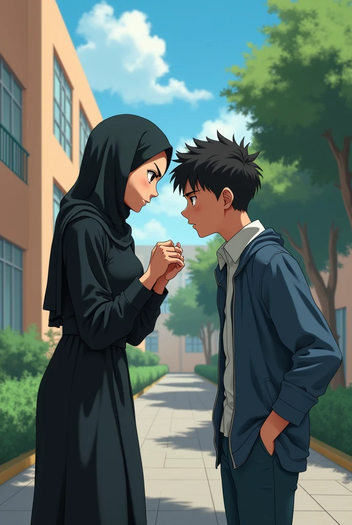 Make a photo of muslim girl who's forcing a boy for love 
And the boy is younger than the girl and both are in school 
Make it in a bit of anime 
