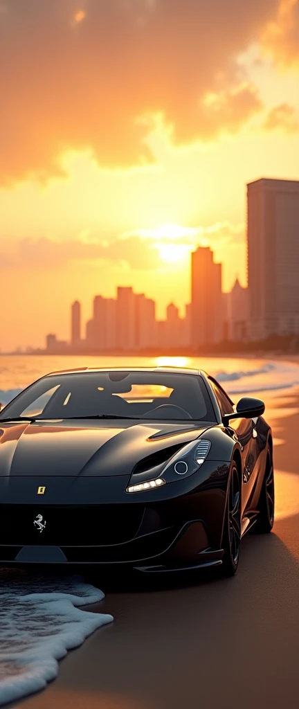 8k quality Ferrari GTS superfast car black colour while sun set beach and business buildings