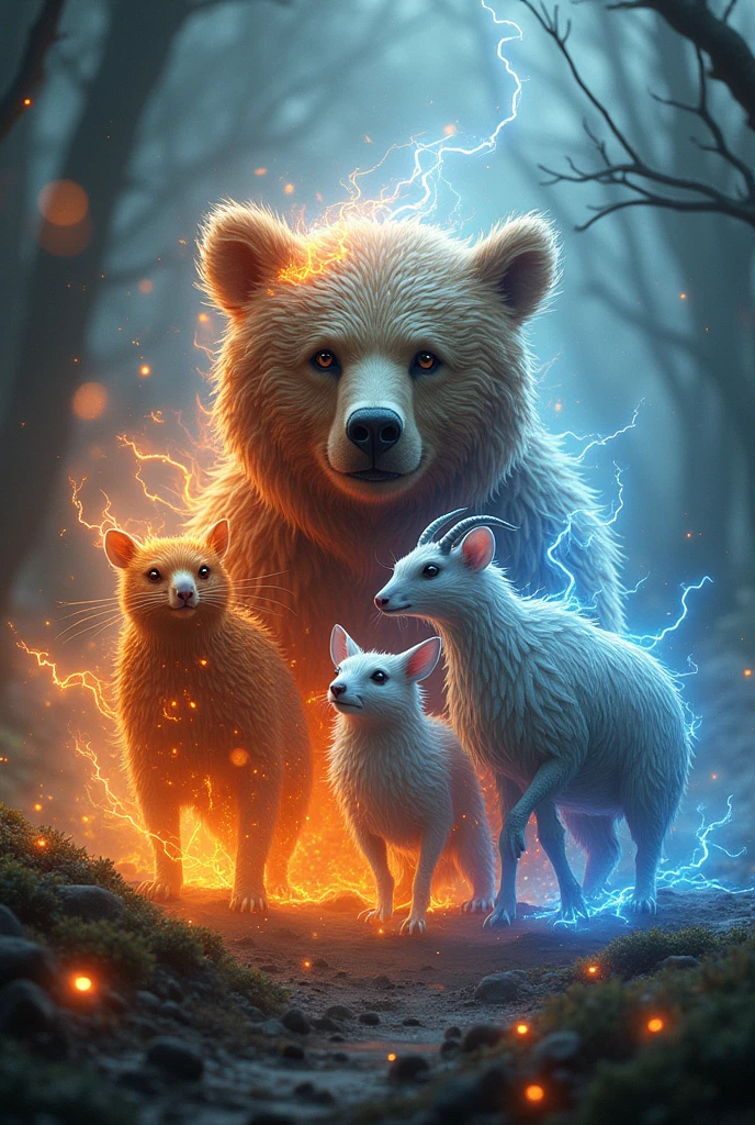A bear made of fire、A eagle made of shadows、A Rat made of Lightnings、A Goat made of Light