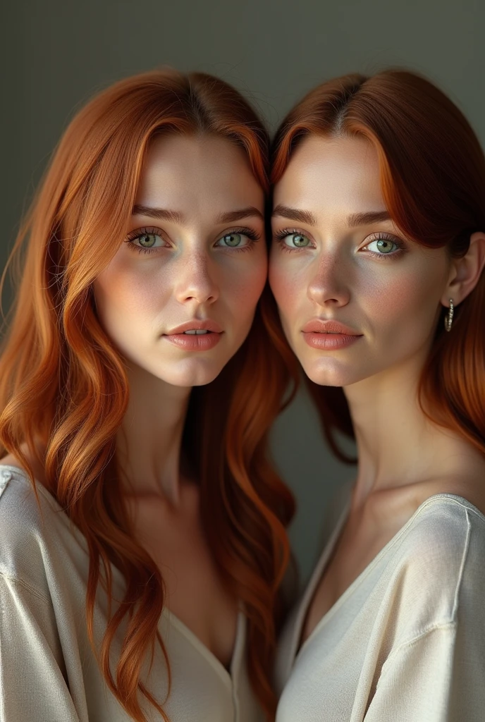 (photorealism), 4 woman, with green eyes, with straight reddish hair, fine lips, thesis clara, Irish, Medium build and pretty features but it is noticeable that she is older