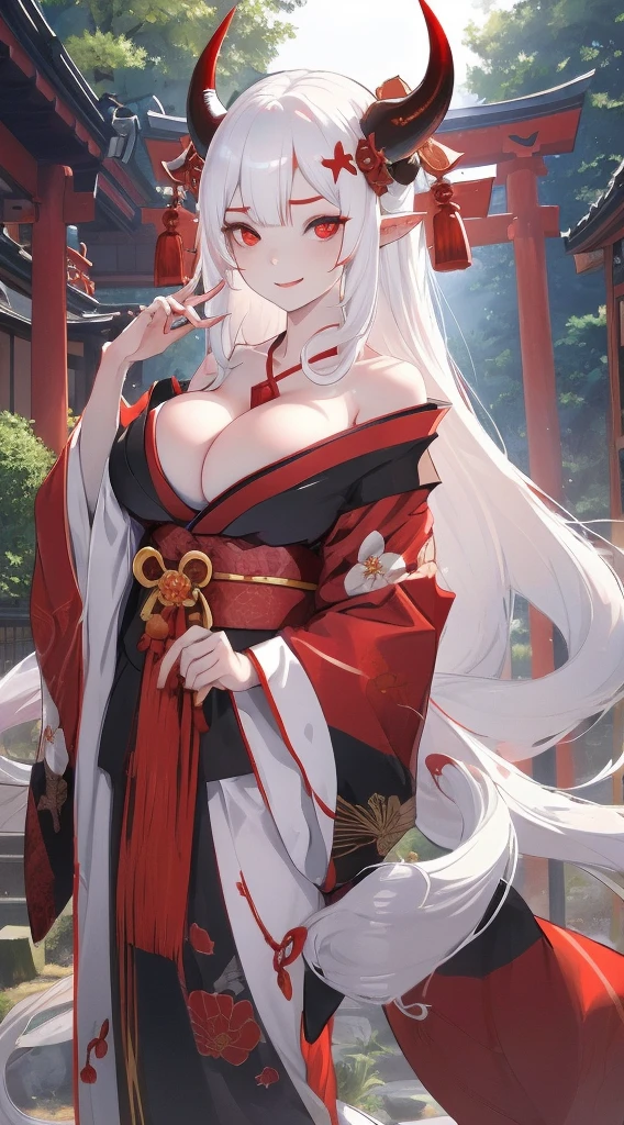 female, oni, fleshy horns, skin horns, luxurious kimono, white hair, long hair, large breasts, cleavage, red eyes, kanabo, forest, japanese shrine, straight hair, pointed ears, smile, huge female, very tall female, tiny waist, broad shoulders