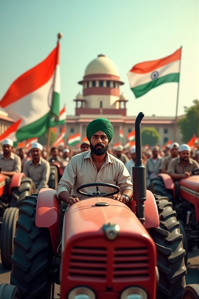 Indian farmers protesting on indian Parliament House with the tractors and indian flags