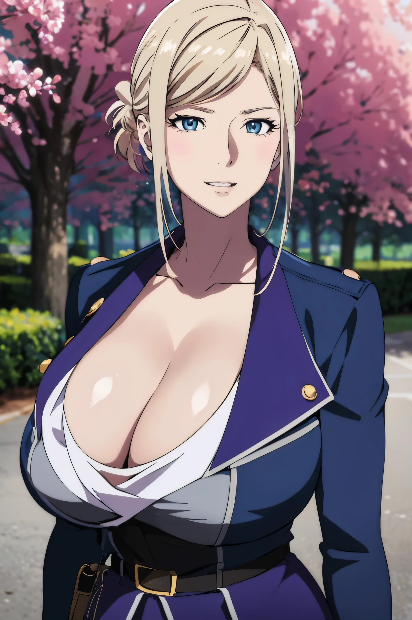 masterpiece, ((blue millitary uniform)), ((cleavage)) (best quality), (solo), 1girl, , blonde hair, purple hair , (short skirt), blue eyes, sexy woman,  hair ornament, vibrant colors , natural lighting, RTX, (huge tits), (detailed face:1.2), (perfect eyes:1.1) ,(photorealistic:1.1), 8k uhd, looking a viewer, outdoors, simple backround, smile, (upper body), standing pose, 