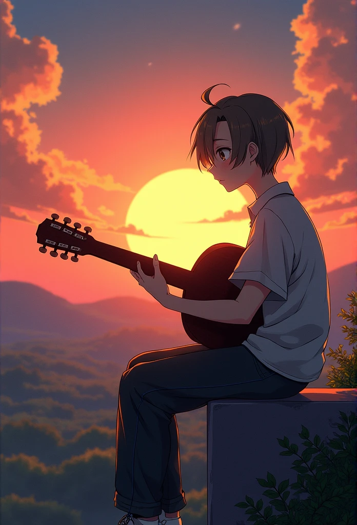 Anime boy sitting on a ledge playing a guitar at sunset, Anime Art Wallpaper 8K, Anime Art Wallpaper 4K, Anime Art Wallpaper 4K, anime style 4K, Anime wallpaper 4k, Anime wallpapers 4k, Anime Wallpaper 4k, Wallpaper manga 4K wallpaper, Makoto Shinkai Cirilo Rolando, The girl plays the guitar, lofi girl