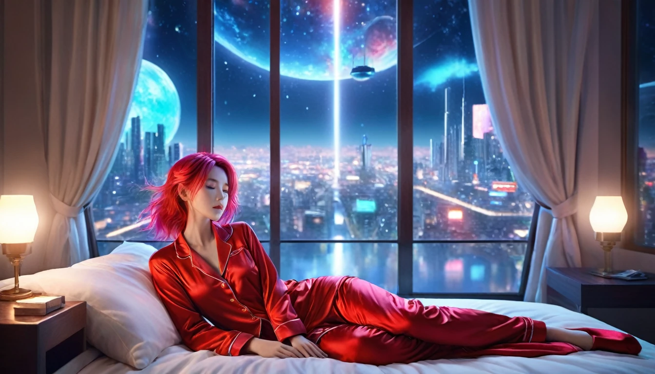 (Highest quality,8k,Very detailed:1.2),(CG,CG Art,3D Rendering),(masterpiece:1.2),（Red pajamas），(Cinema Lighting,Futuristic),(Woman lying in bed,Sleep,close your eyes),(The big window behind her,quiet night),(Colorful Hair:1.5)