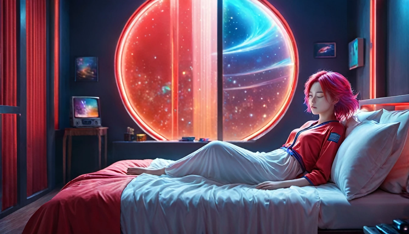 (Highest quality,8k,Very detailed:1.2),(CG,CG Art,3D Rendering),(masterpiece:1.2),（Red pajamas），(Cinema Lighting,Futuristic),(Woman lying in bed,Sleep,close your eyes),(The big window behind her,quiet night),(Colorful Hair:1.5)