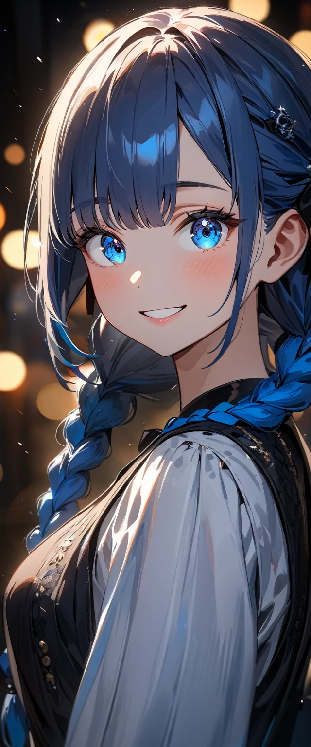 (((One girl))), Shibuya, long blue hair in two braids, (looking at viewer), upper body, breasts, teenager, head tilt:1.3, (((blue eye))), constricted pupils, (from side:1.3), ((happy smile)), gothic lolita:1.3, hair ornament, hair ribbon, anime style, (best quality, 4k, 8k, highres, masterpiece:1.2, ultra-detailed, ultra-detailed eyes, HDR, UHD, studio lighting, ultra-fine painting, sharp focus, physically-based rendering, extreme detail description, professional, vivid colors, bokeh)