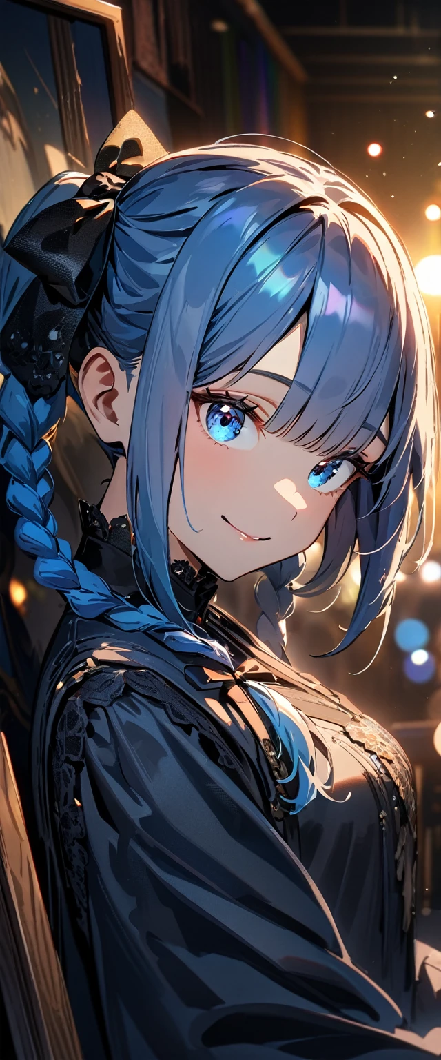 (((One girl))), Shibuya, long blue hair in two braids, (looking at viewer), upper body, breasts, ager, head tilt:1.3, (((blue eye))), constricted pupils, (from side:1.3), ((happy smile)), gothic loli.3, hair ornament, hair ribbon, anime style, (best quality, 4k, 8k, highres, masterpiece:1.2, ultra-detailed, ultra-detailed eyes, HDR, UHD, studio lighting, ultra-fine painting, sharp focus, physically-based rendering, extreme detail description, professional, vivid colors, bokeh)