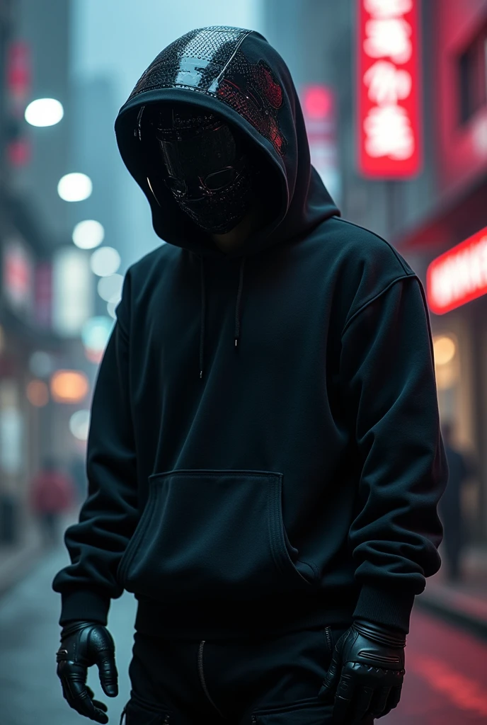 (masterpiece, full body shot, Intricate raw photography)cyberpunk citizen, Oversized extra asymmetrical black hoodie, black cargo pants, black clothes, dark, tactical gloves, He is wearing a very intricate, high-tech black futuristic cyberhelmet., dark environment, dramatico, Light and shadow, ((Kinematic, Black neon,)) action film, sharpness, neon-noir modern city, street neon lights, calle dark, evening, Insta photo, Photo of the Year, Epic depth field, Epic resolution, Epic Quality, Epic sharpness, intricate epic,urban techwear,Reelmech