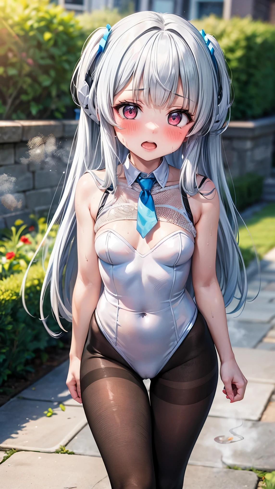 best quality,1girl,small breasts,(()),((orgasm,blush,sweat,steam:1.1)), red eyes, long hair, two side up, ((white leotard,black fishnet pantyhose)), garden, ((walking:1.3))