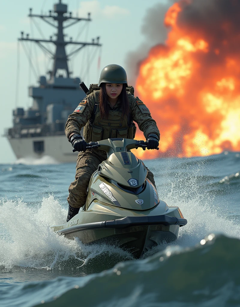 Photo-realistic, ultra-realistic, (very beautiful Japanese, famous Japanese idol:1.3), (Fully equipped for battle:1.5), m4a1 large assault rifle on her back, (amazing view of massive explosion on huge war ship:1), (painful impressions, crying:1.3), (wearing an navy soldier's Camouflage outfits with military helmet:1.5), (at a battle field on the sea), very large breasts, (tactical vest, military harness:1.3), (military long boots:1), acrobatic pose, dynamic angle, spectacular, (injured, lying on a stretcher:1.3), (muddied, damaged wears, damaged body:1.3), (she is in the military mission of an acrobatic jet skiing on the sea:1.5), (super big jump in the air over the huge waves:1.5), camouflage colored Kawasaki Jet ski, spectacular, Nimble movements, Sharp turns,