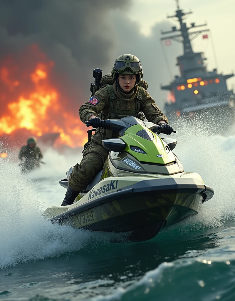 Photo-realistic, ultra-realistic, (very beautiful Japanese, famous Japanese idol:1.3), (Fully equipped for battle:1.5), m4a1 large assault rifle on her back, (amazing view of massive explosion on huge war ship:1), (painful impressions, crying:1.3), (wearing an navy soldier's Camouflage outfits with military helmet:1.5), (at a battle field on the sea), very large breasts, (tactical vest, military harness:1.3), (military long boots:1), acrobatic pose, dynamic angle, spectacular, (injured, lying on a stretcher:1.3), (muddied, damaged wears, damaged body:1.3), (she is in the military mission of an acrobatic jet skiing on the sea:1.5), (super big jump in the air over the huge waves:1.5), camouflage colored Kawasaki Jet ski, spectacular, Nimble movements, Sharp turns,
