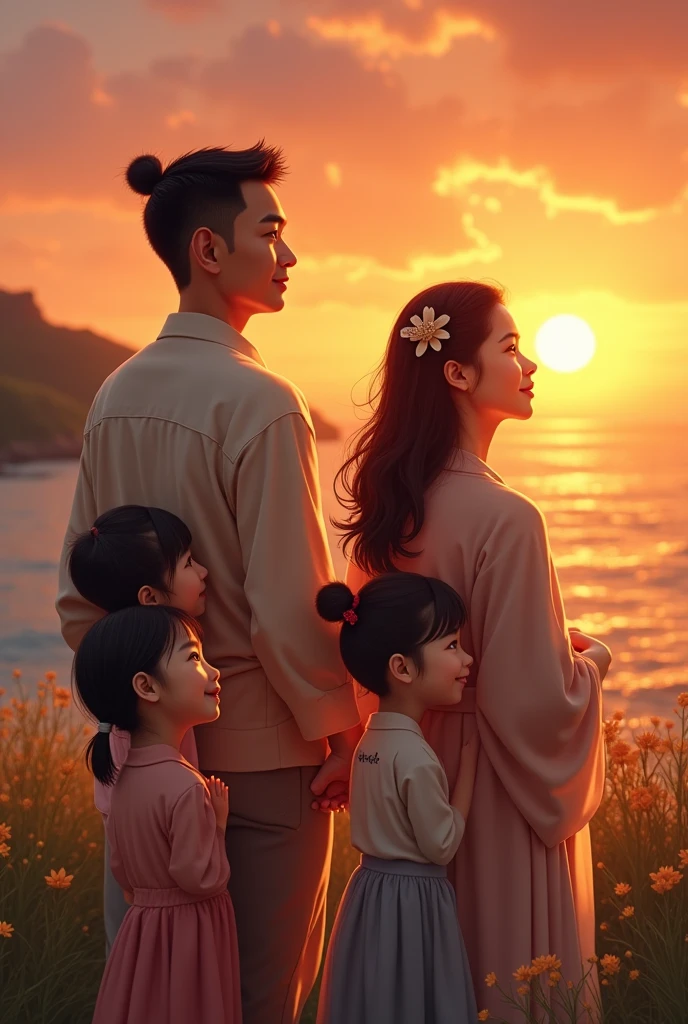 Chinese woman with Filipino man with a son and 2 daughters watching sunset side view