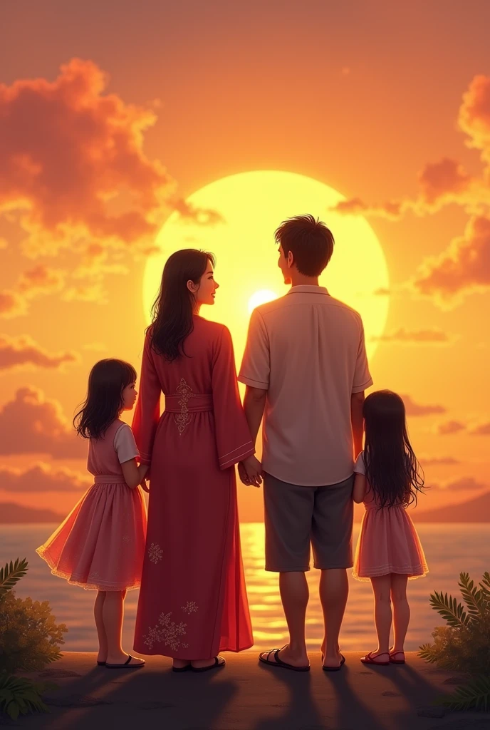 Chinese woman with Filipino man with a son and 2 daughters watching sunset side view