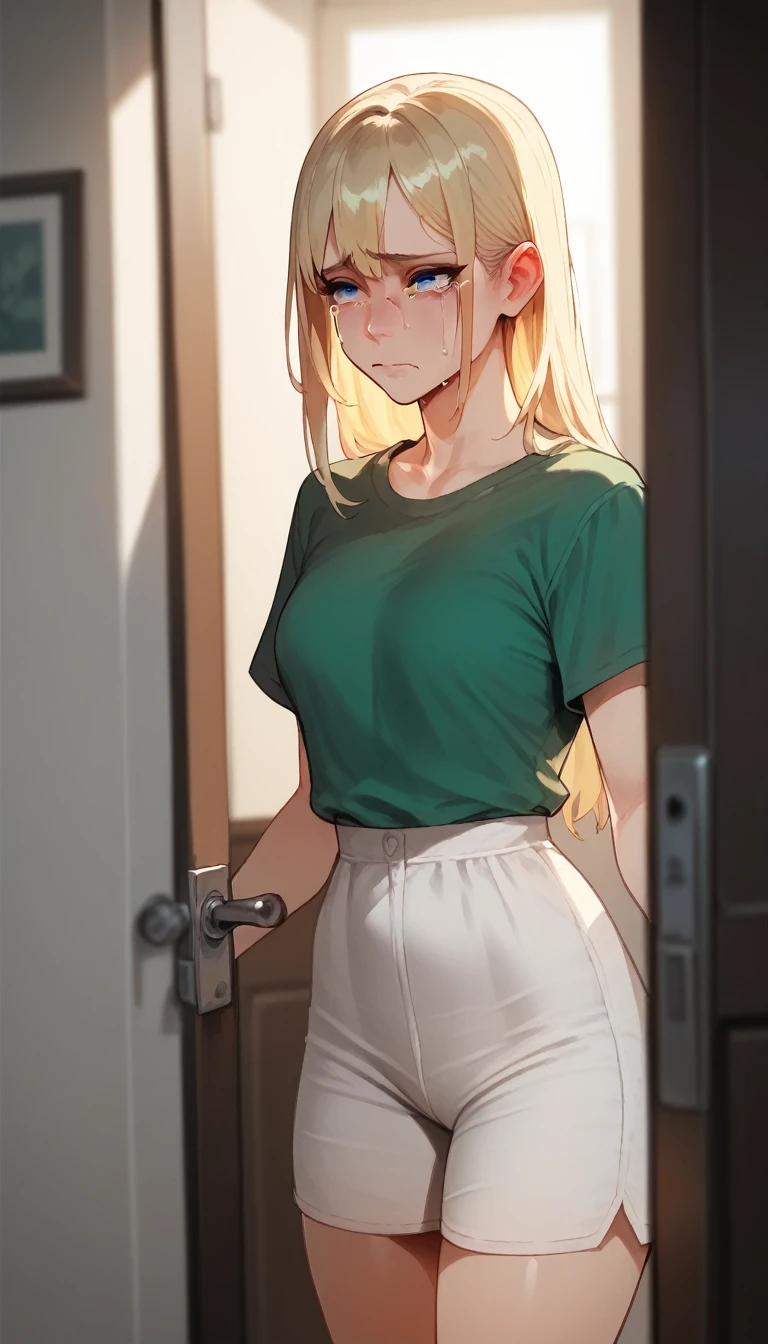 score_9, score_8_up, score_7_up, score_6_up, score_5_up, score_4_up, 1girl, solo, blonde hair, bangs, blue eyes, tears, sad, green shirt, doorway, room background, warm lighting, blurry background,