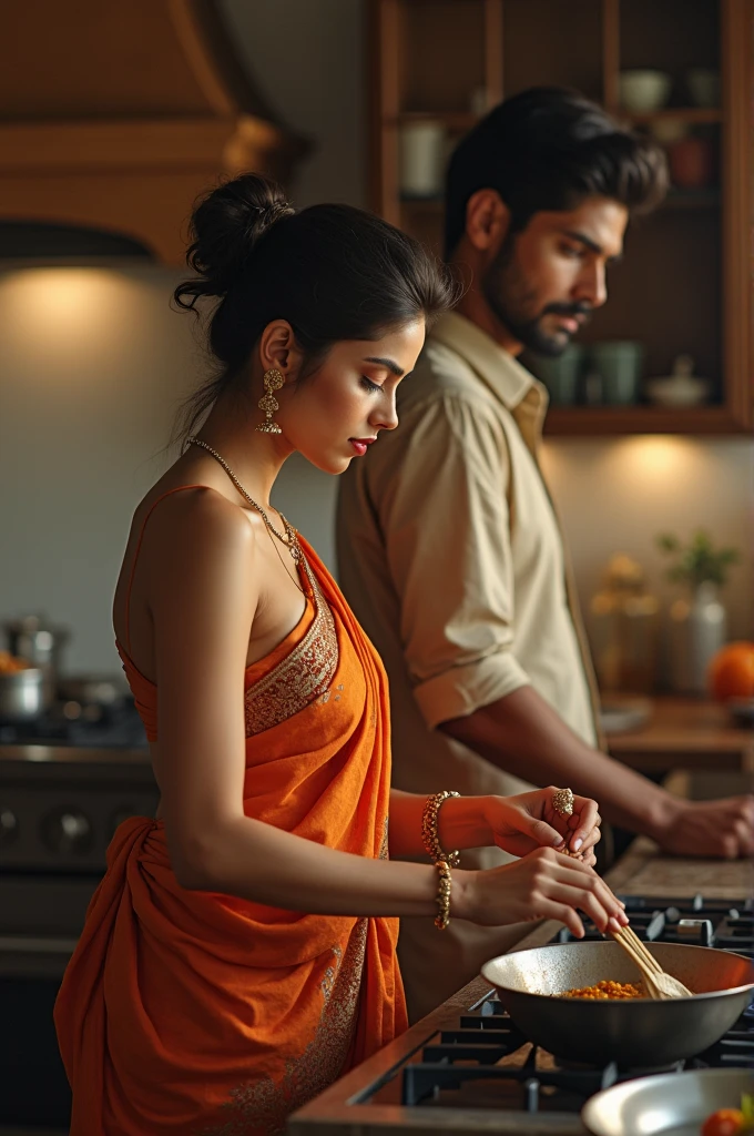 A beautiful Indian woman with saree good look is cooking and her husband is looking it's besides with her