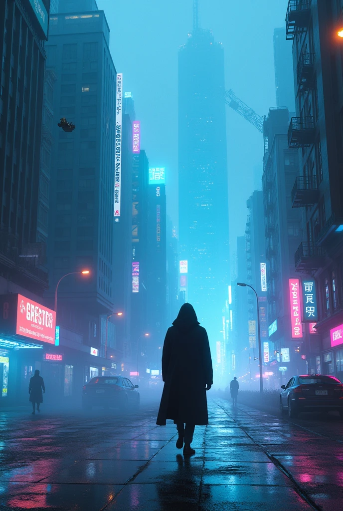 A person in a trench coat walking in a dark futuristic cyberpunk-style city with blue and violet neon lights, Holograms on the premises, fog and flying cars