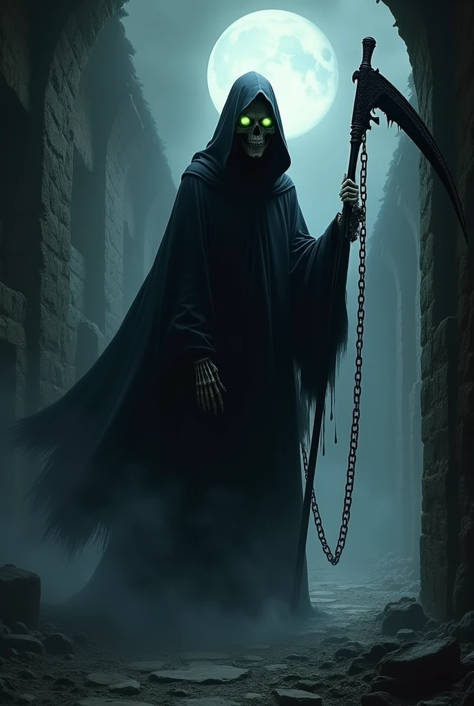 Create an original yokai named Shinigami no Kage. This yokai is a shadow in the form of a grim reaper, with a skull face emerging from the darkness, holding a black scythe, only appearing in darkness, brings death to those who touch its hand, with glowing eyes as an omen of death, and dragging chains that capture the souls of the dead. The background is inside a ruin shrouded in darkness, emphasizing a deathly and eerie atmosphere.