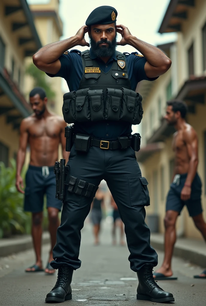 Brazilian mixed race police officer, strong bearded young man in military tactical police uniform, Lottery, elite, boina preta, armed, searching by opening the shorts of a shirtless man, shorts and flip flops, standing, with legs open and hands raised behind the head.