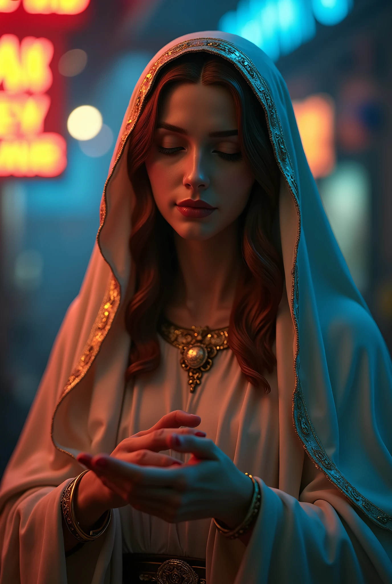 ((Amazing realistic photography of the incredible virgin mary )) Stunning unbeatable, intricate, extremely detailed,((( Excessive realistic textures,))) ((photo masterpiece superior quality, photo award winner)), (((12k, stunning dramatic neon lights))), atmospheric view, realistic muted colors, ((stunning color neon lights)) , (((realistic style, ((kitsch)) style )))