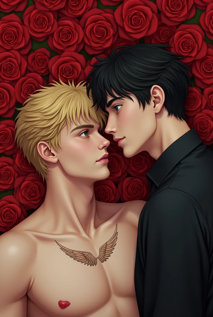 I want you to make me a man lying down with flowers under that he has his eyes open and the other one that is on the other side looking at him Both with their eyes open but that is in 2d but that is realistic and that only one is lying on the bed of flowers but a 2d and that is realistic one that is blond with green eyes and the other black-haired with blue eyes that the flowers are red roses and the blond one that has a tattoo of wings on his collarbone
