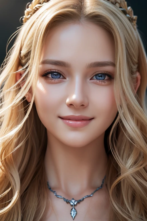 1girl, beautiful detailed eyes, beautiful detailed lips, extremely detailed face and features, long wavy blonde hair, looking at viewer, smiling, pointed ears, high resolution, detailed, photorealistic, intricate details, glowing skin, dramatic lighting, cinematic composition, masterpiece, hyper detailed, 8k, ultra-realistic