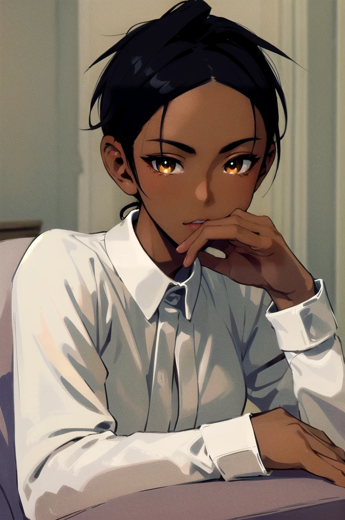 solo, best quality, masterpiece, extremely detailed CG, extremely detailed 8K wallpaper, extremely detailed character, (an extremely delicate and beautiful portrait), portrait, solo, sharp focus, dark skinned tomboy girl with (((sides shaved))) head, black hair, yellow eyes, detailed close-up portrait, head rest pose