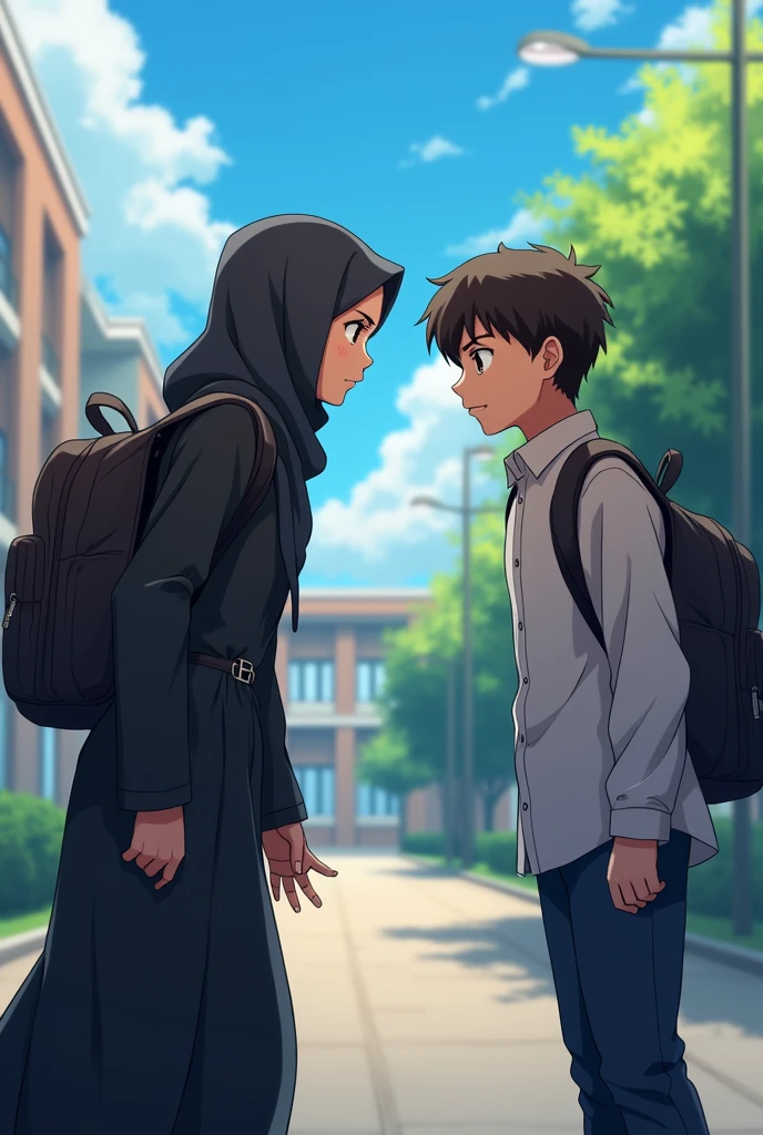 Make a photo of muslim girl who's forcing a boy for love 
And the boy is younger than the girl and both are in school 
Make it in a bit of anime 
And the both are carrying bags
