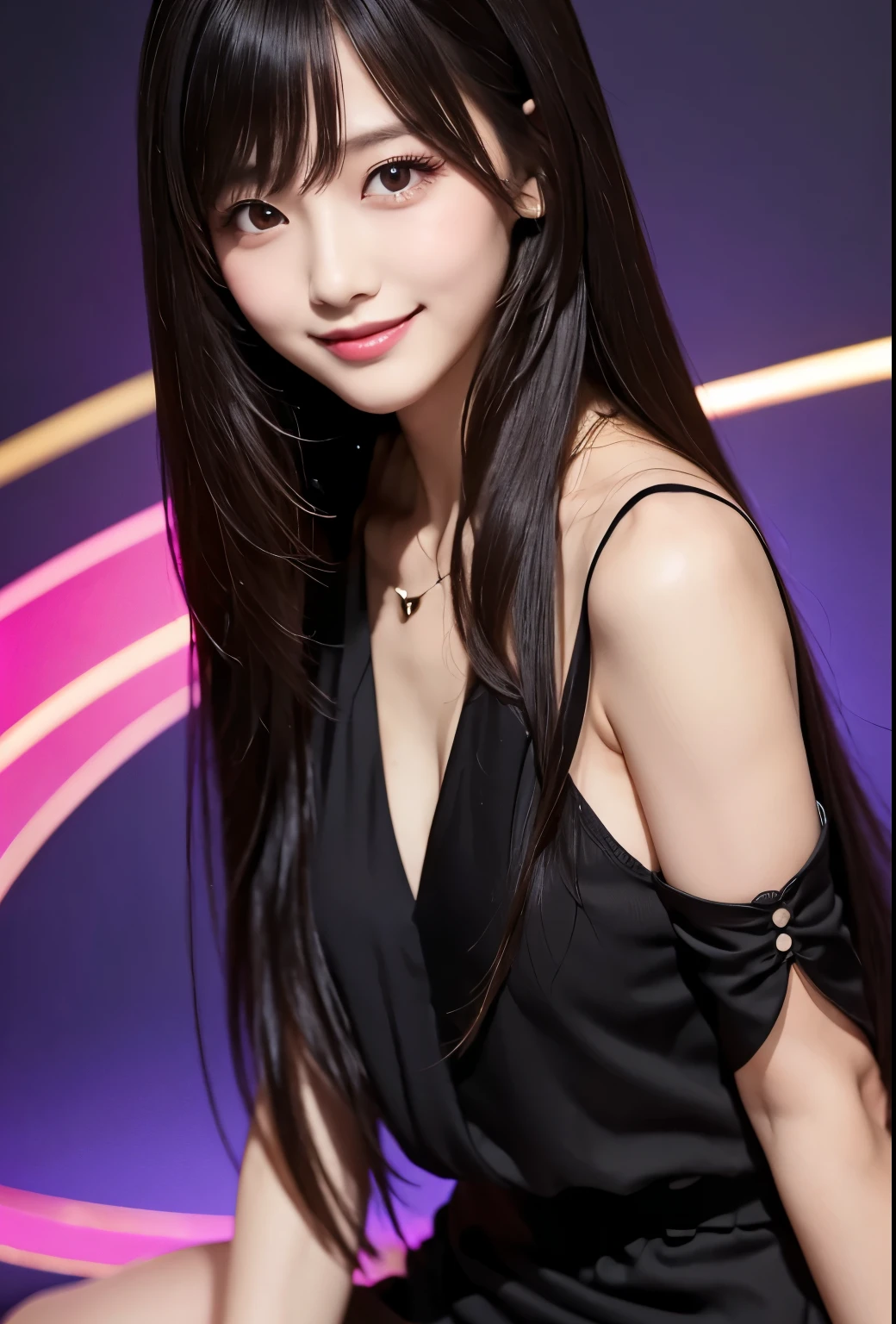masterpiece、Highest quality、whole body、One Girl、bangs、Japanese、Long Black Hair、Long Hair、smile、alone、Stylish woman、vivid colored outfits、front、Luxury background elements、Confident expression、Modern and trendy、Fashion focus