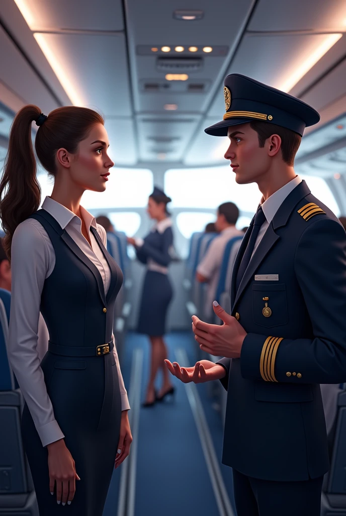 The pilot talks to the flight attendant in the plane