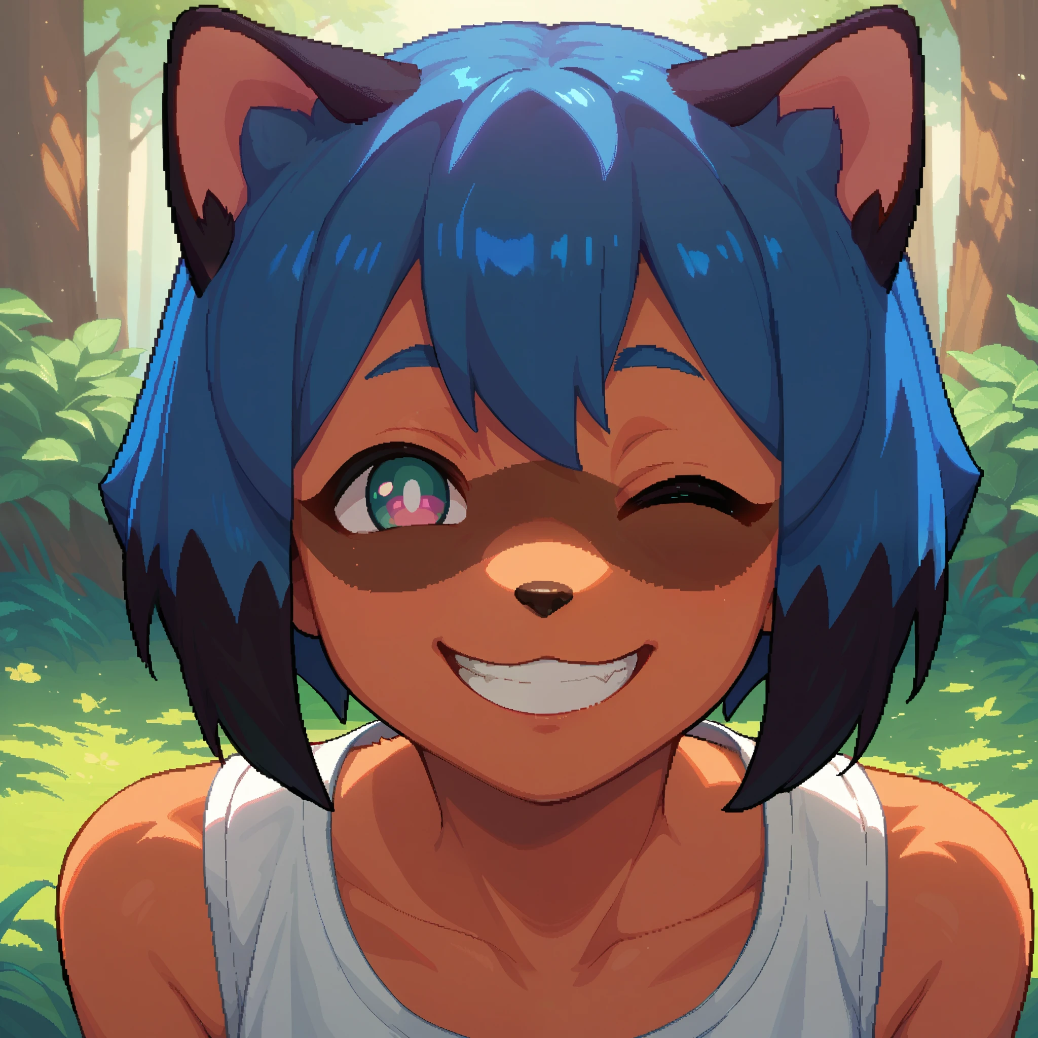 score_9, score_8_up, score_7_up,  Michiru Kagemori, Anthro, furry, FACE ONLY, HEAD ON, FACE FOCUS, fur, cute, centered, smile, winking, pixel art