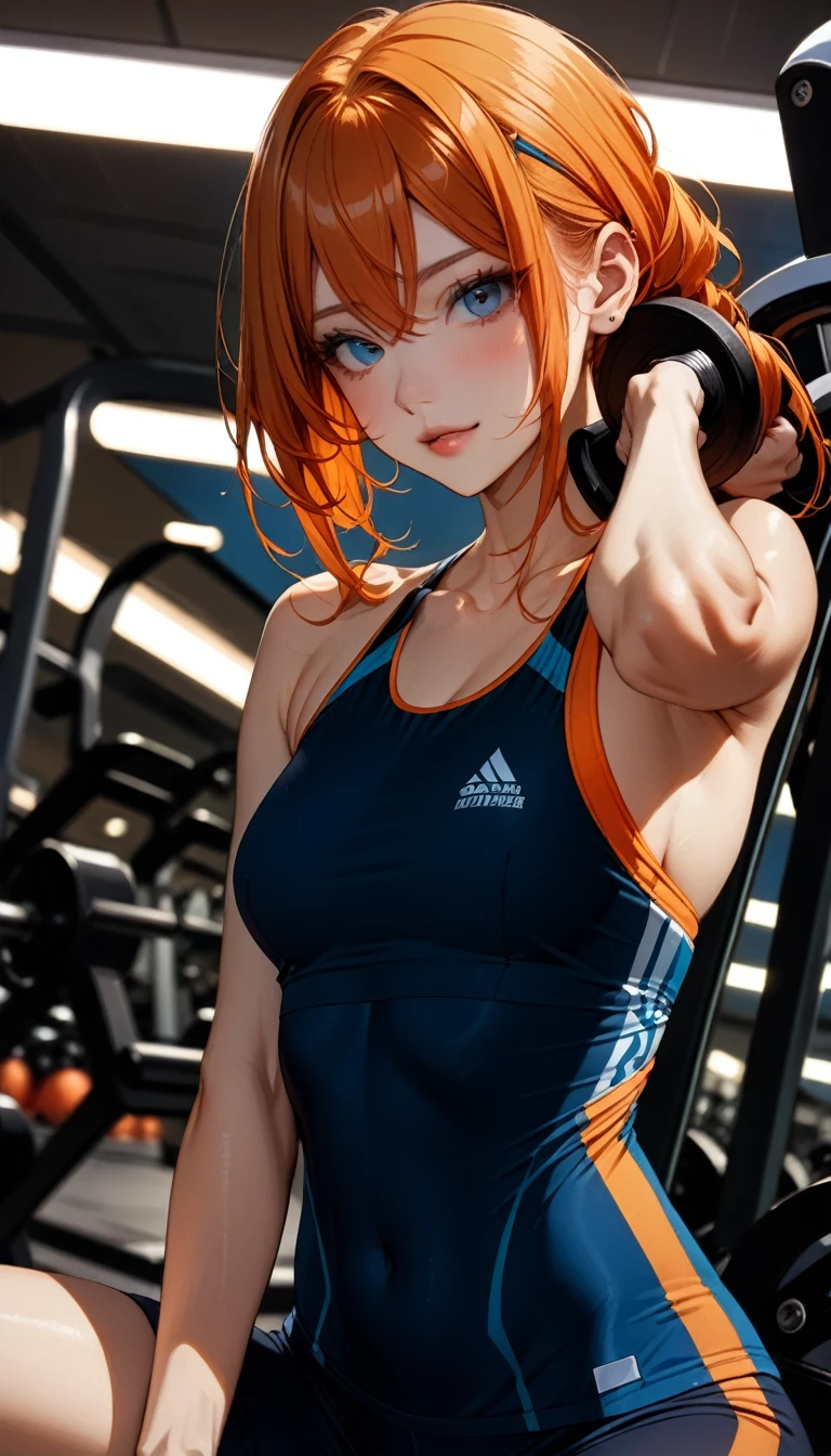 High resolution, masterpiece, Highest quality, Ultra high definition, orange and marinblue Hair, Slim body, One person, solo, Beautiful Face, workout