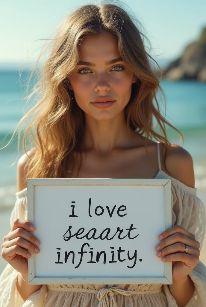 Beautiful girl with wavy long hair, bohemian dress, holding a white board with text "I Love Seaart Infinity" and showing it to the viewer
