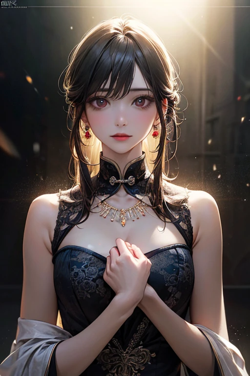 最high quality, masterpiece, High resolution, One person, China dress, hair ornaments, necklace, jewelry, Beautiful Face, On top of that_body, Tyndall effect, Realistic, Dark studio, Rim Light, Two-tone lighting, (Skin with attention to detail:1.2), 8k uhd, Digital SLR, Soft lighting, high quality, Volumetric lighting, Frank, photograph, High resolution, 4K, 8k, Bokeh, Medium chest,