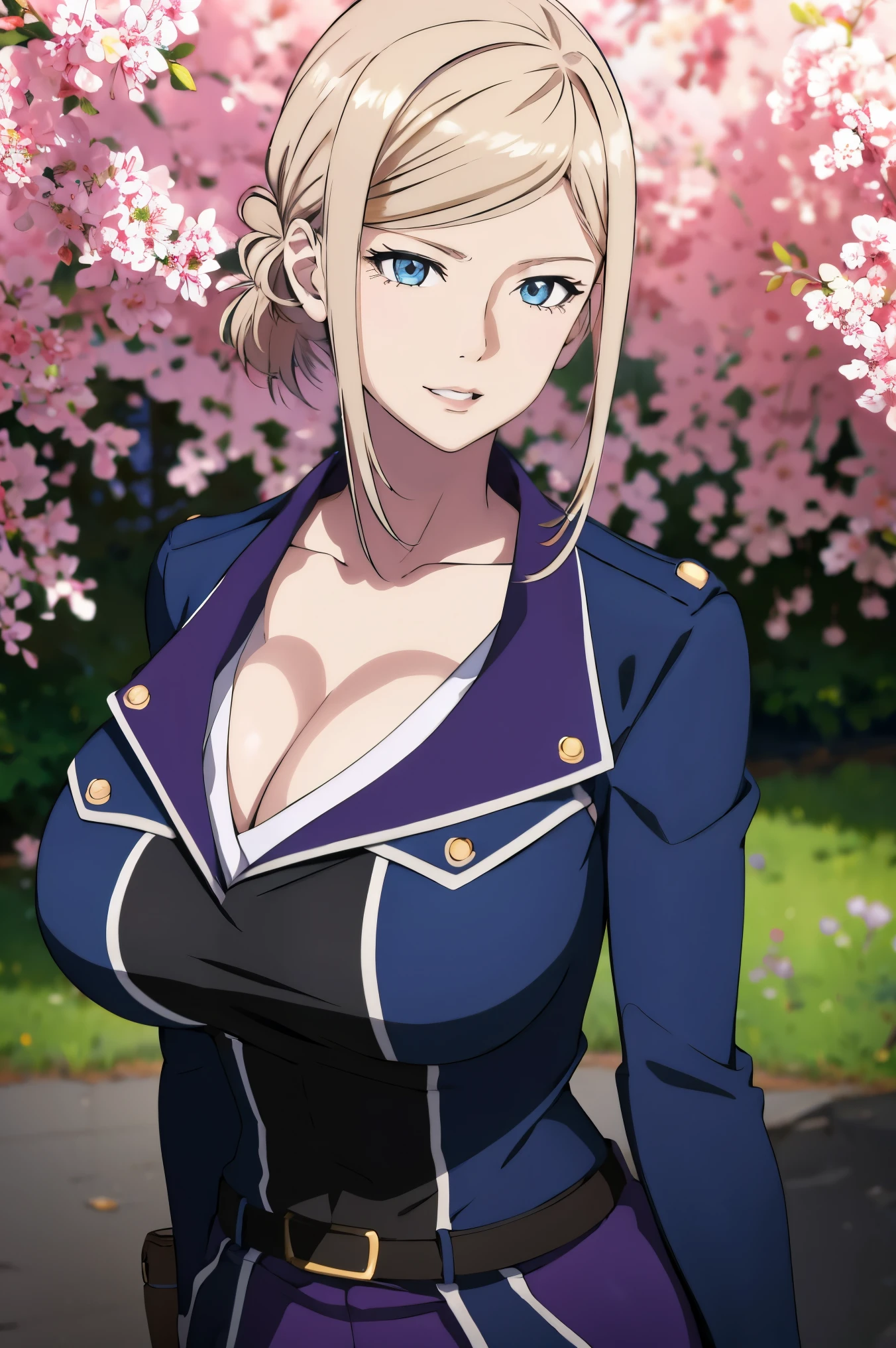 masterpiece, ((blue millitary uniform)), ((cleavage)) (best quality), (solo), 1girl, slim waist,, blonde hair, purple hair , (short skirt), blue eyes, sexy woman,  hair ornament, vibrant colors , natural lighting, RTX, (huge tits), (detailed face:1.2), (perfect eyes:1.1) ,(photorealistic:1.1), 8k uhd, looking a viewer, outdoors, simple backround, smile, (upper body), standing pose, 