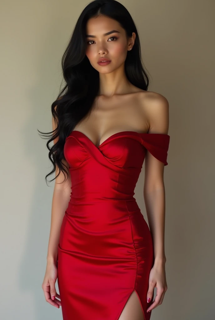 1. A glass hour body shaped lady, not too skinny and not too fatty.
Her height is 1.71cm, she has long limbs.
2. Fair glowing skin, she looks like European and Asian mixed together but more likely to have European features with perfect European standard of perfect eyebrows.
3. She wears long bodycone red satin dress.
4. Her hair is black, long enough to reach her hips with butterfly hair cut.
5. Her pupils are strikingly brown.