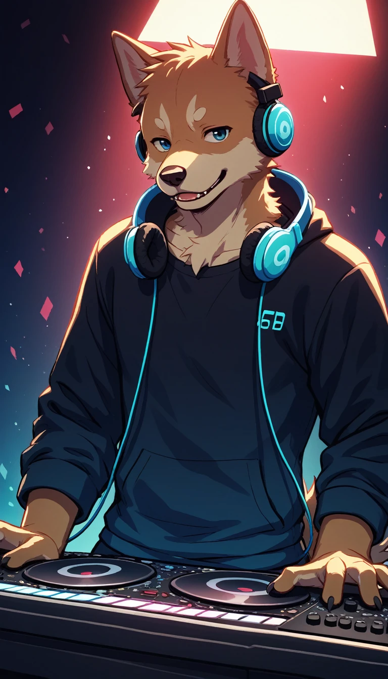 score_9, score_8_up, score_7_up, score_6_up, score_5_up, score_4_up, BREAK source_anime, source_anthro, rating_safe, [rating_explicit],

(a furry dog with headphones on playing a dj,dog head,dog tails:1.35),nightcore, headphones dj rave, with head phones,cool background, anime style 4 k, anime wallpaper 4 k, anime wallpaper 4k, dj at a , kawacy, artwork in the style of guweiz, with headphones,