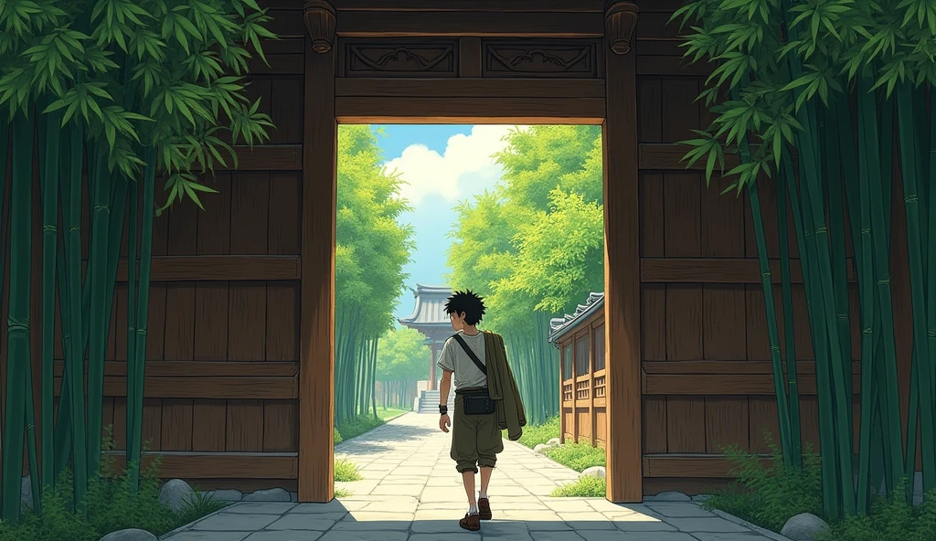 Illustrate a young man named Hiro walking through an open temple gate lined with bamboo trees. Hiro wears simple travel clothes, with a cloak slung over his shoulder. He has a worried expression. The temple is serene, with intricate wooden carvings