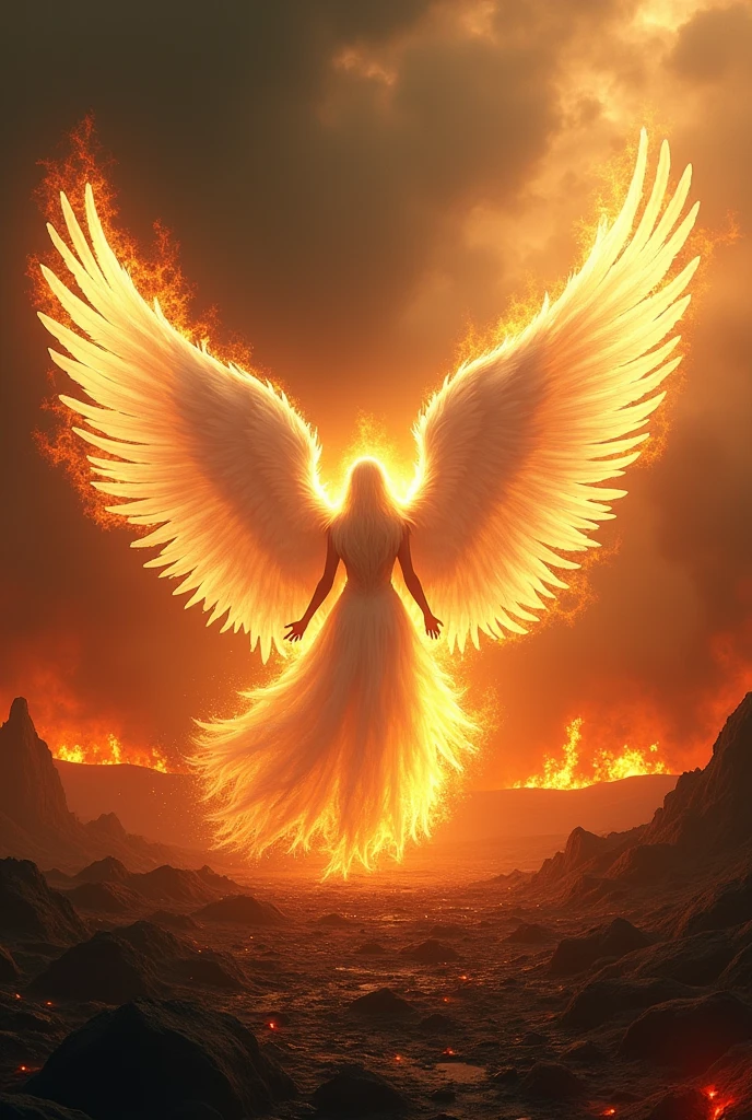 Long white angle wings on fire landscape 