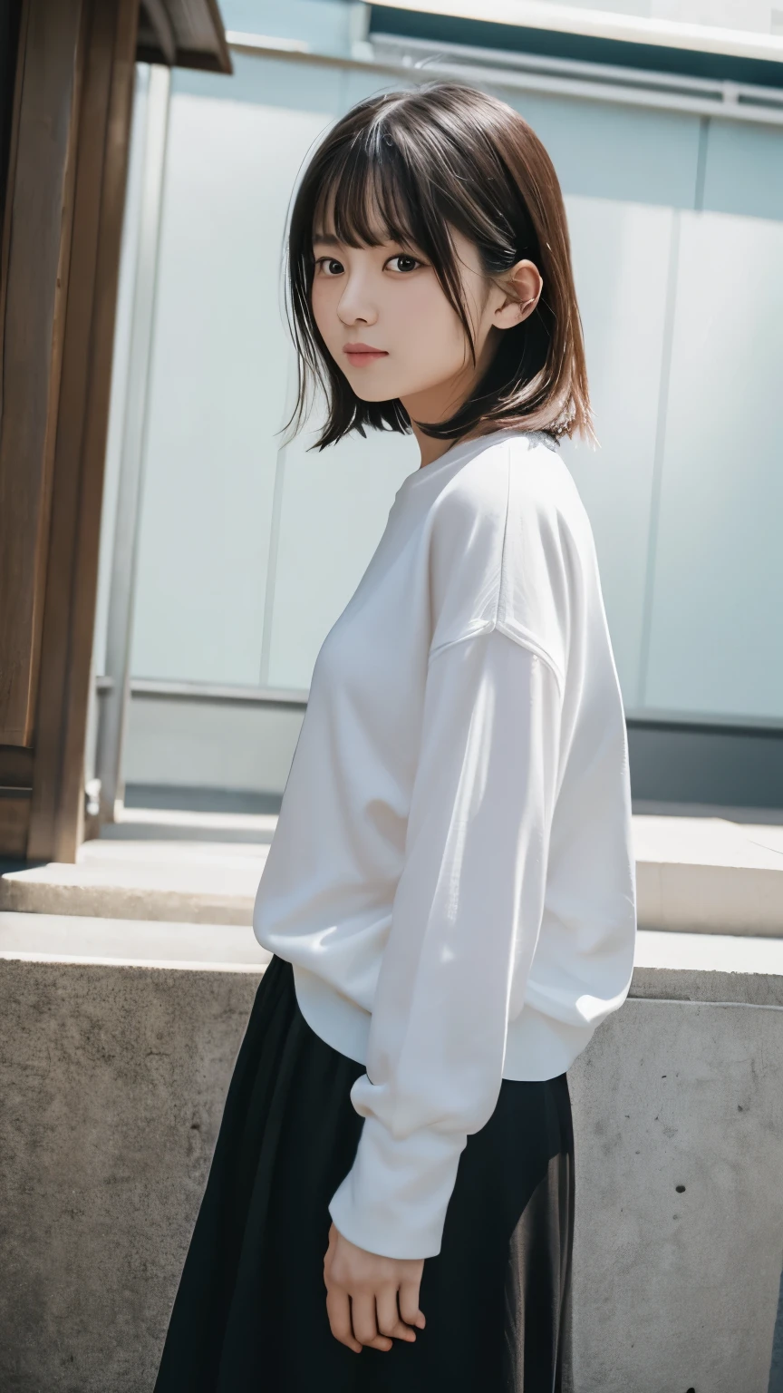 Portraiture、masterpiece:1.3、one person's、Baby Face、Natural look、very cute、Brown Hair、Short Bob、Small red earrings、Fuller lips、No makeup、White T-shirt、Focus on the face、最high quality、High resolution、Very detailed、high quality、Detailed explanation、8k、(((Blurred Background、White wall、White Background、White world、Flower illustration、Flower illustrationの壁、壁にFlower illustration、Flower illustrationが描いてある壁、Photo studio:1.5、Cinema Lighting、Professional Photographer)))
