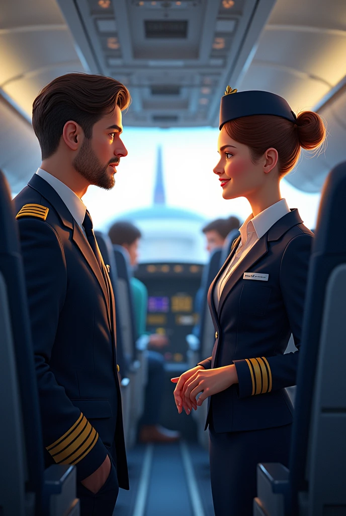 The pilot talks to the flight attendant in the plane