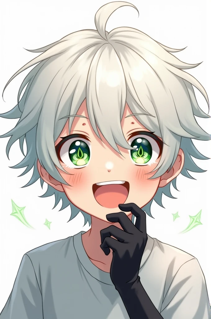 Generates an anime style image of a boy with: for white, green eyes, White pupils in the shape of an 8-pointed star, have a big smile, with completely white hair, with white eyelashes, White clothes, and black gloves, que tenga green eyes,