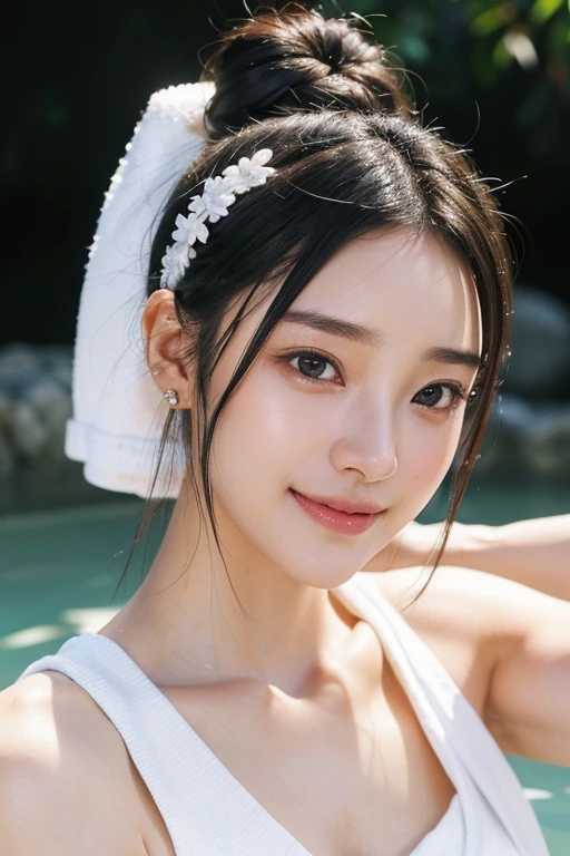 (Two pure Japanese,), (Small breasts:1.5,),(alone,,Textured skin, Detailed skin,Detailed face,Detailed eyes,detailed posing,Natural eyebrows,Sparkling eyes,Attention to detail, Highest quality, Very detailed, Surrealism, ,8k,RAW Photos,Photographicism,Professional Lighting,Ray Tracing,Portrait Photography,Soft Light),((Black Hair, Natural Makeup,Simple Earrings, Bun Hair,smile)),(((Cover yourself with a towel,Upper body composition,hot spring)))